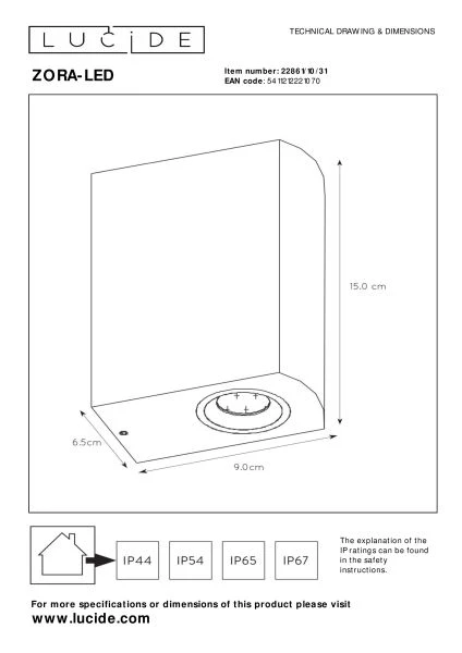 Lucide ZORA-LED - Spot mural / Applique mural Intérieur/Extérieur - LED Dim. - GU10 - 2x5W 3000K - IP44 - Blanc - technique